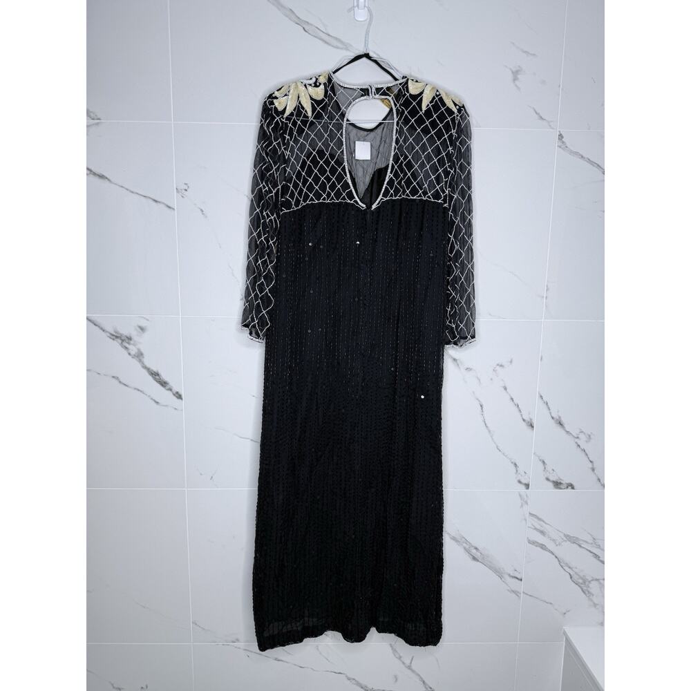 Beaded Silk Laurence Kazar Evening Gown Large VTG Dress Black White Regal Art - Picture 7 of 16